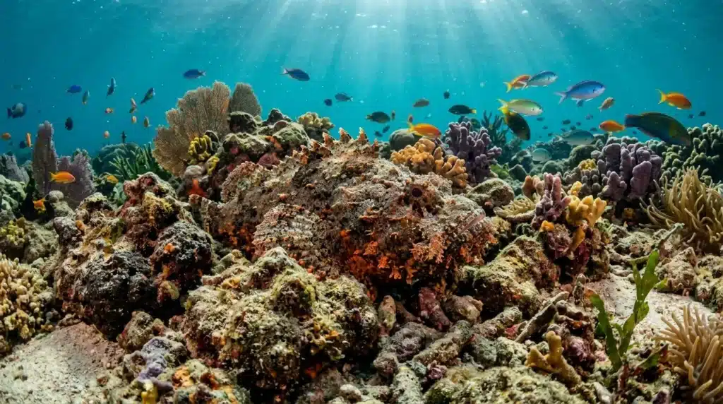 Poissons et coraux multicolores dans eau turquoise.