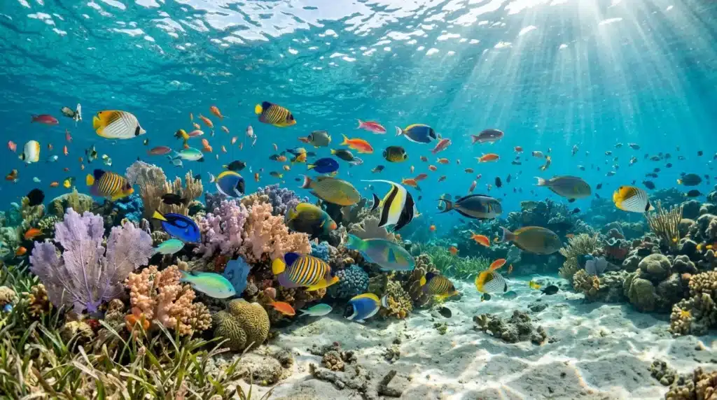 Poissons tropicaux colorés nagent autour d'un récif corallien.