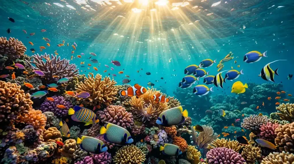 Poissons colorés nagent parmi les coraux sous l'eau