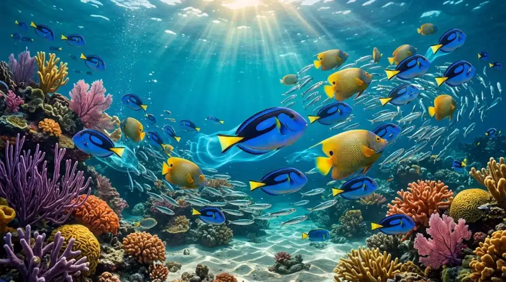 Poissons bleus et jaunes nagent parmi les coraux colorés
