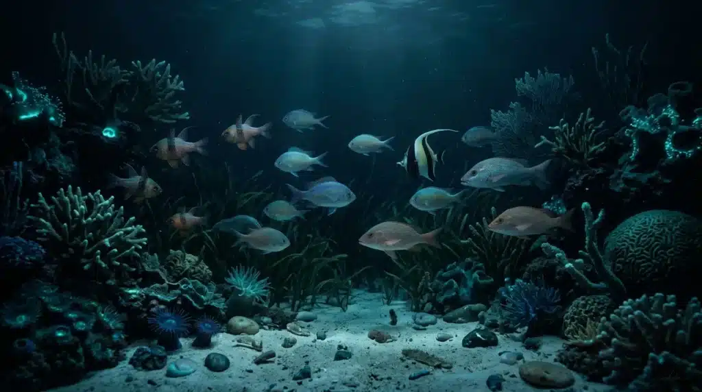 Poissons nagent près de coraux brillants en profondeur marine