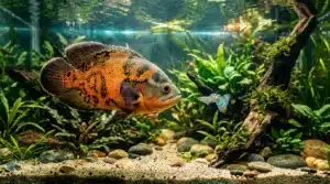 Grand poisson orange et petit poisson bleu dans aquarium planté