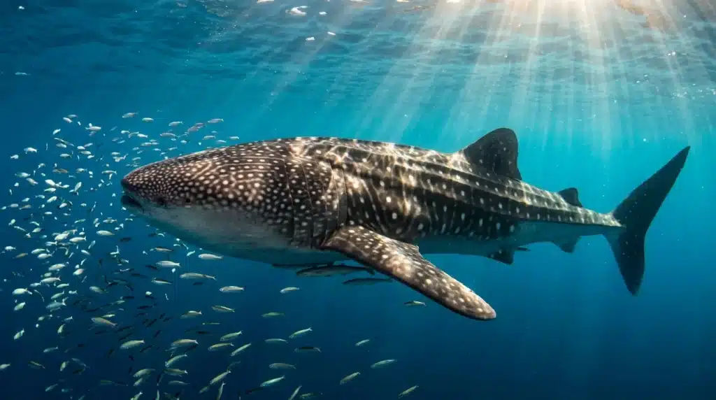 Requin-baleine nageant parmi les petits poissons en eau turquoise