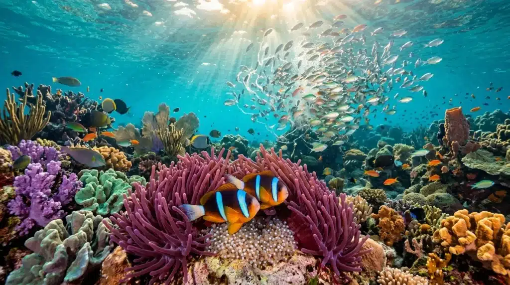 Poissons clowns dans anémone parmi coraux colorés