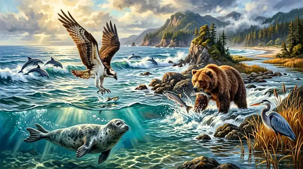 Ours, aigle, dauphins et héron dans un écosystème côtier montagneux.