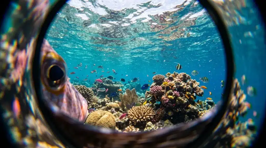 Vue sous-marine d'un récif corallien coloré avec poissons tropicaux