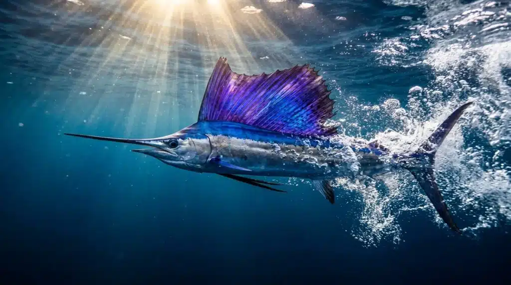 Un marlin bleu avec voile violette jaillit de l'eau