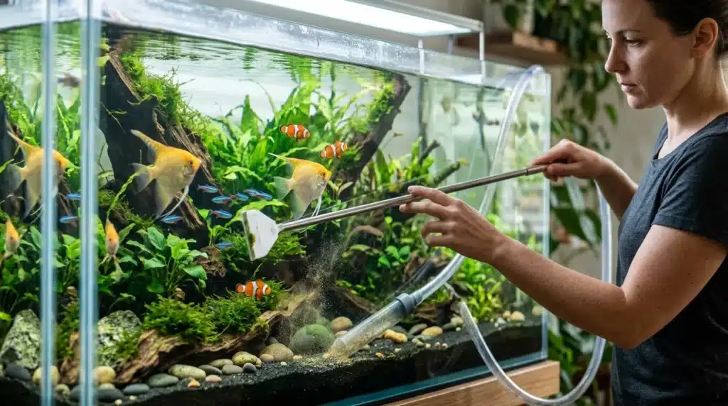 Femme nettoyant un aquarium avec poissons clowns et plantes aquatiques