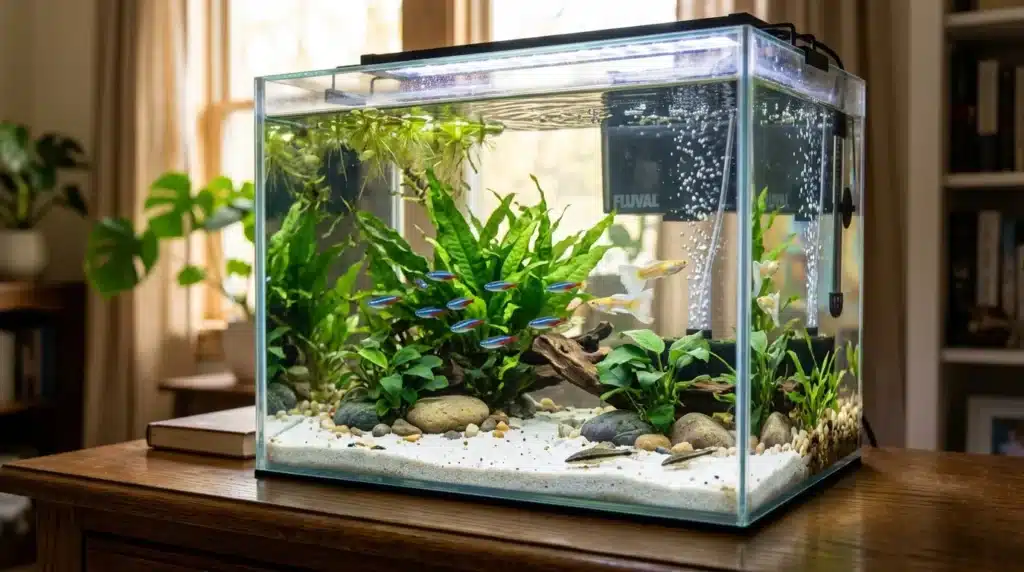 Aquarium moderne contenant plantes aquatiques et poissons bleus