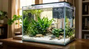 Aquarium moderne contenant plantes aquatiques et poissons bleus