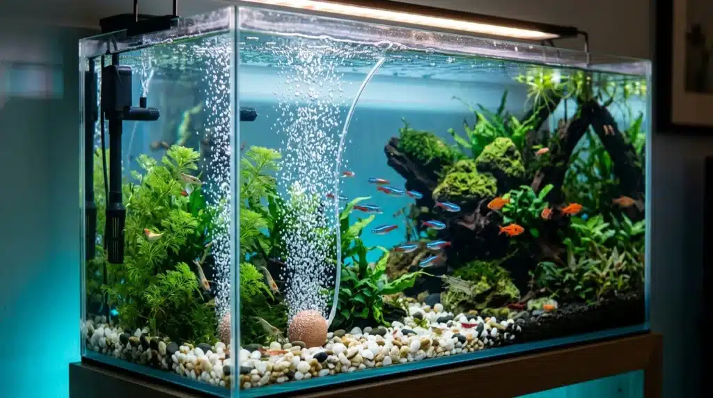 Aquarium avec plantes vertes, poissons rouges et bleus, décor naturel