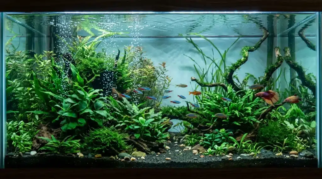Aquarium densément planté avec poissons nageant entre plantes aquatiques