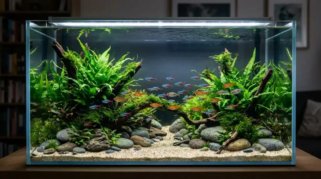 Aquarium d'eau douce avec plantes vertes et poissons tropicaux