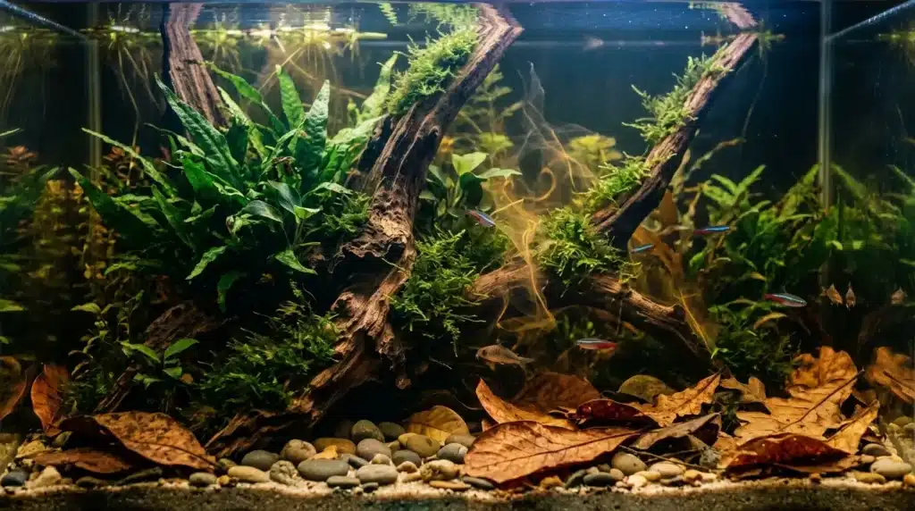 Aquarium densément planté avec bois, feuilles mortes et petits poissons