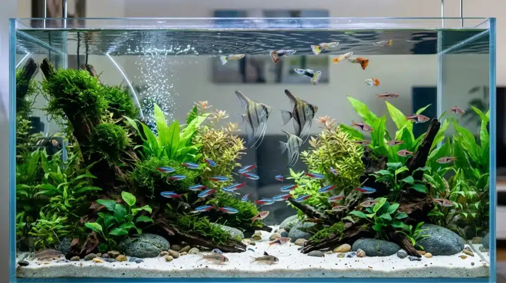 Aquarium avec poissons tropicaux, plantes vertes et bois flotté