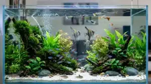 Aquarium avec poissons tropicaux, plantes vertes et bois flotté