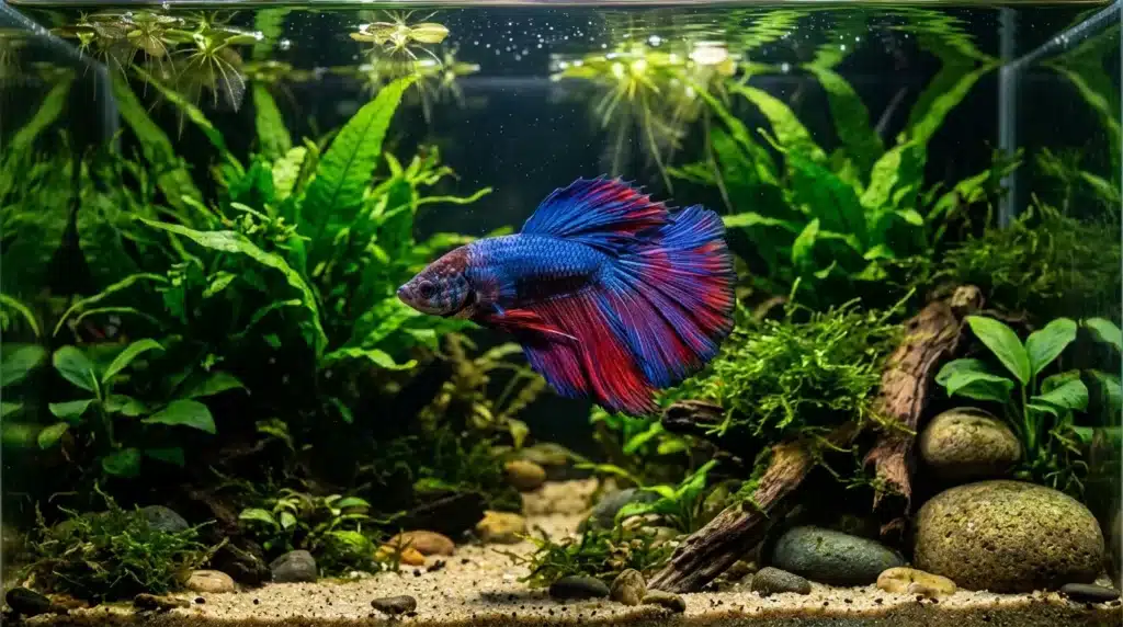 Poisson Betta coloré nage parmi plantes aquatiques vertes