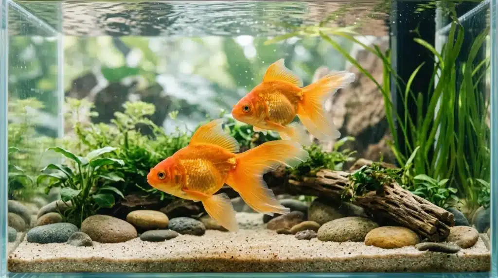 Deux poissons rouges nagent dans un aquarium planté.