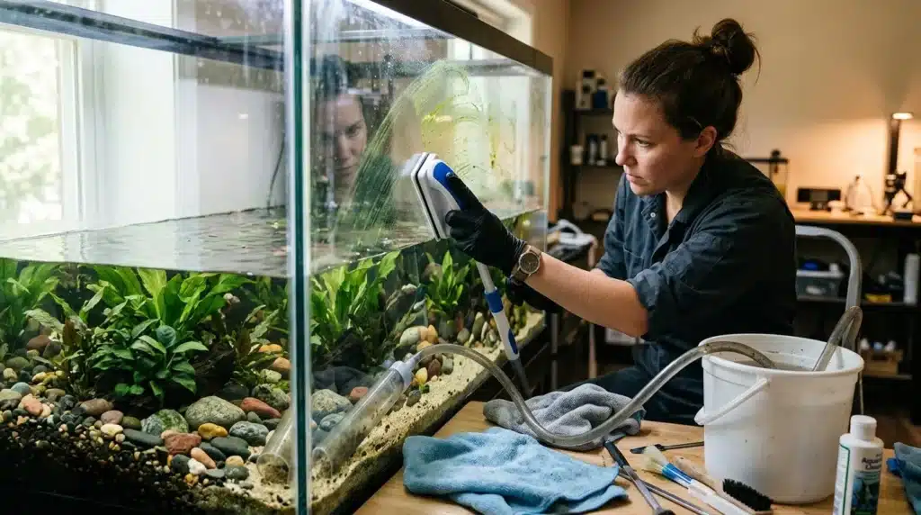 Femme nettoie vitre aquarium avec équipement spécialisé