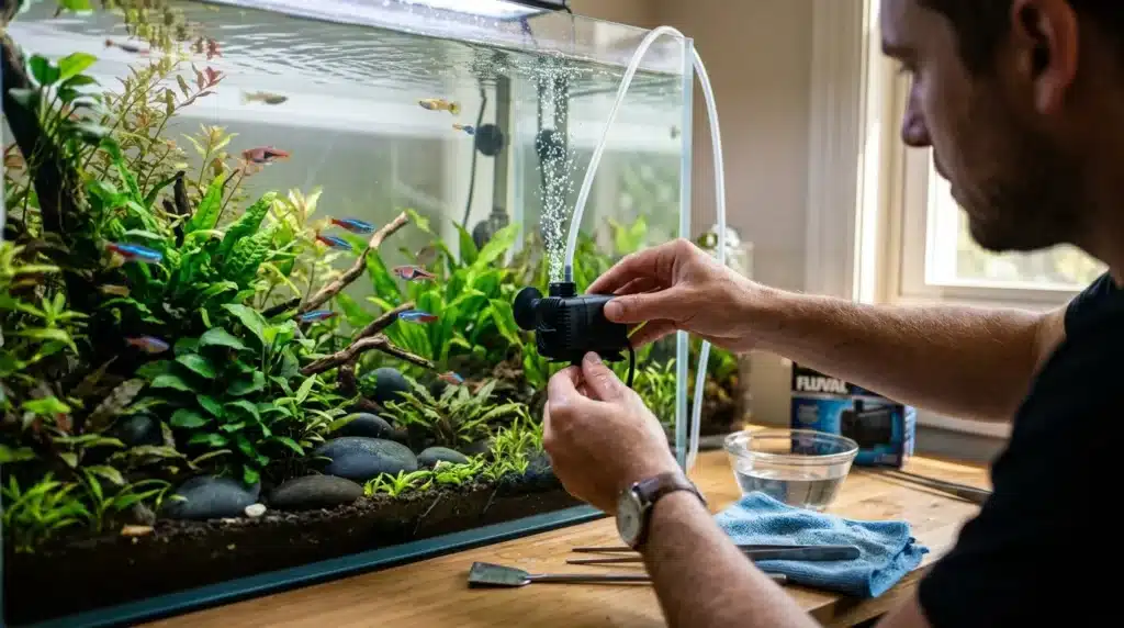 Homme changeant l'eau d'un aquarium avec plantes et poissons