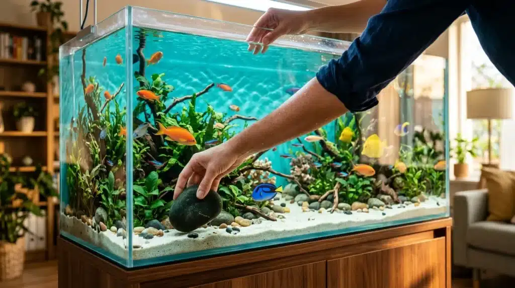 Personne nettoyant un aquarium rempli de poissons colorés et plantes aquatiques