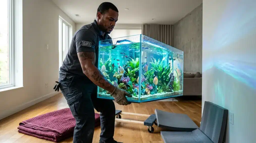 Technicien installe un aquarium rempli de poissons colorés