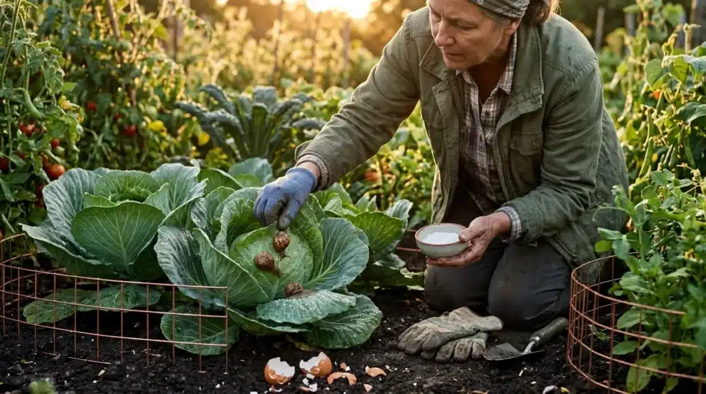 Agriculteur applique traitement sur feuilles de chou au jardin