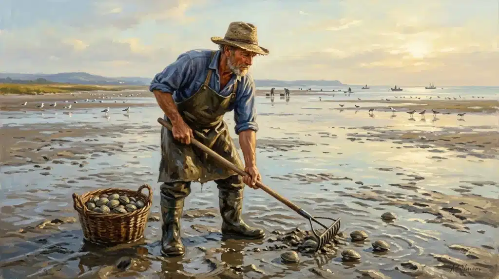 Homme récolte des coquilles sur la plage au coucher de soleil