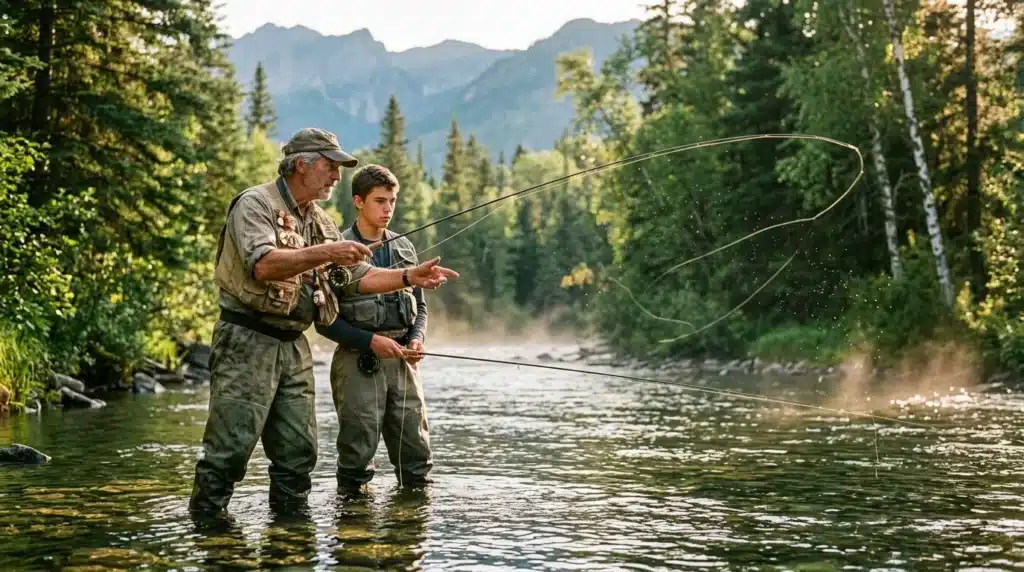 Instructeur enseigne la pêche à mouche à un jeune en rivière