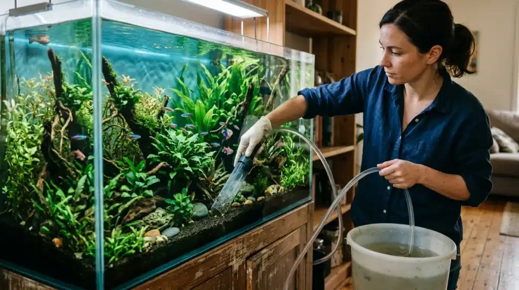 Femme effectuant l'entretien d'un aquarium d'eau douce