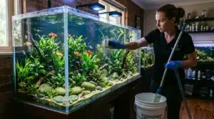 Aquariste en uniforme entretenant un aquarium d'eau douce