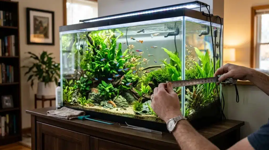 Personne mesurant la largeur d'un aquarium avec des poissons colorés
