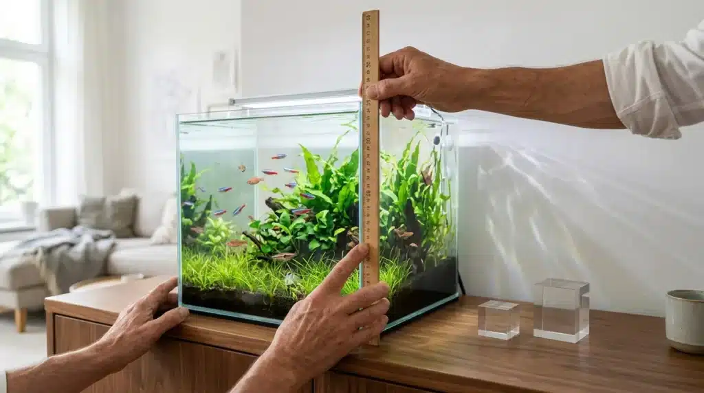 Personne mesure la hauteur d'un aquarium avec une règle.