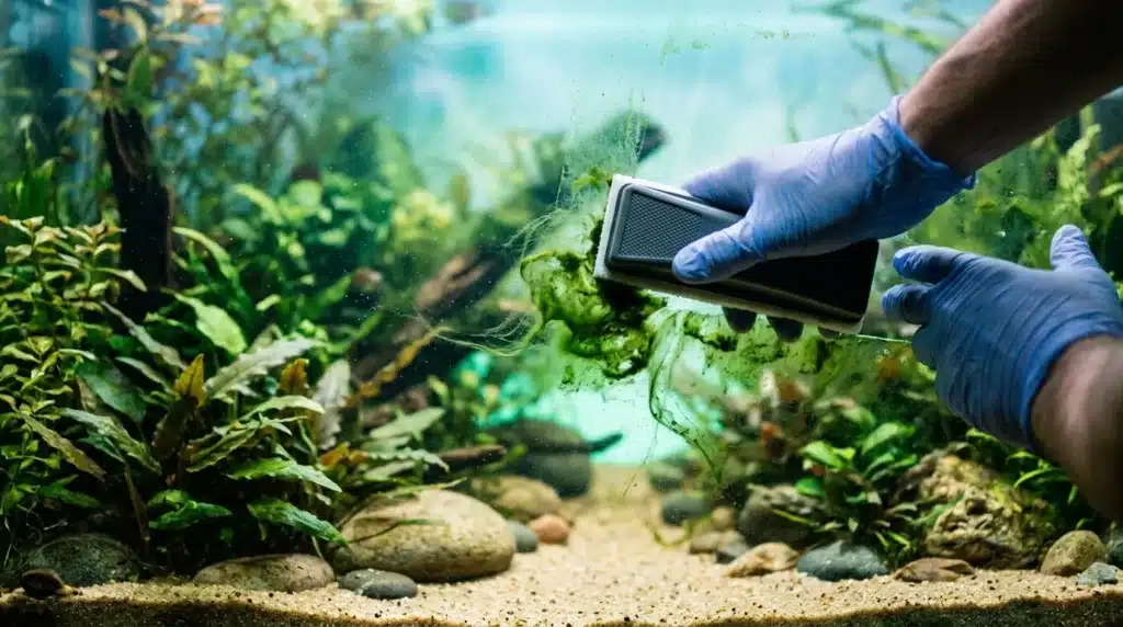 Mains gantées nettoyant algues dans aquarium avec plantes aquatiques