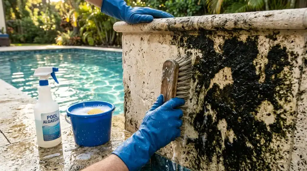 Personne nettoyant les algues d'une piscine avec produit chimique