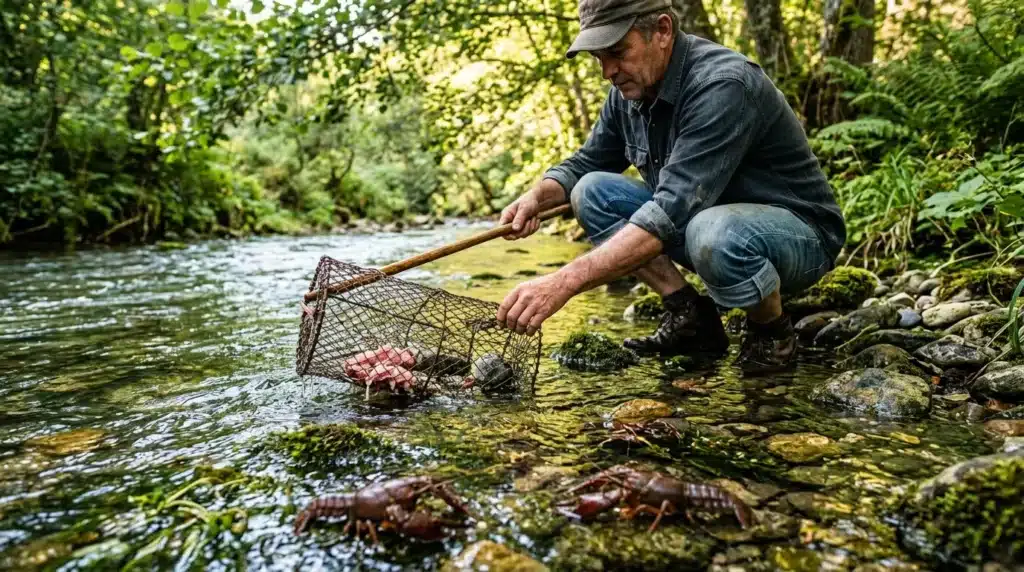 Homme pêchant des écrevisses avec un filet dans un ruisseau forestier