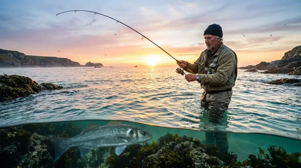Pêcheur en waders pêchant au coucher soleil avec poisson visible sous l'eau
