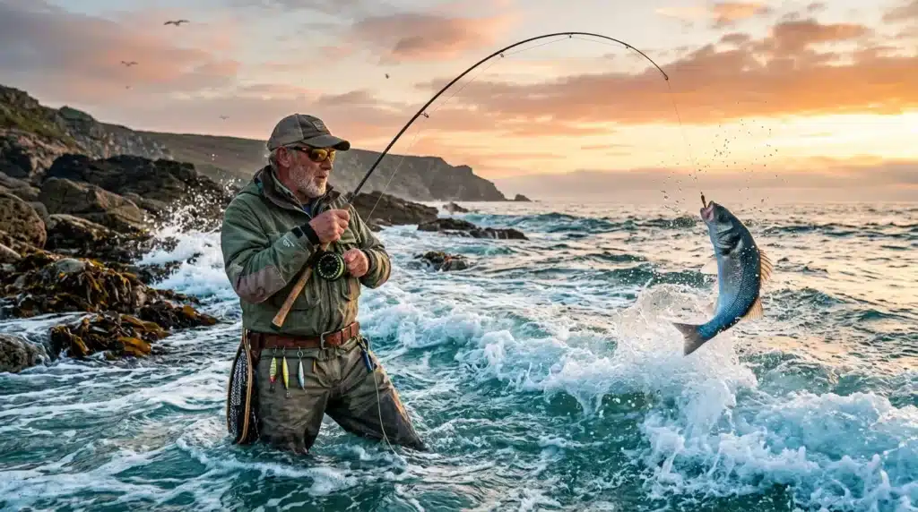Pêcheur en waders capture un saumon au coucher soleil