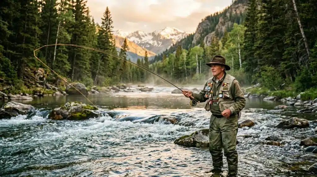 Pêcheur avec canne à mouche dans rivière montagneuse alpine