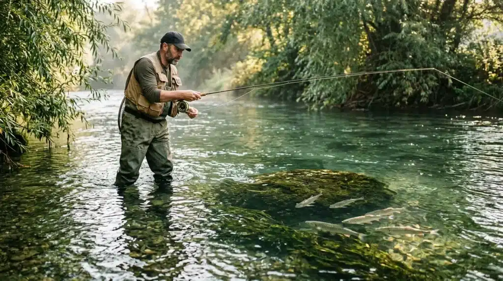 Pêcheur en waders lance sa ligne dans une rivière cristalline
