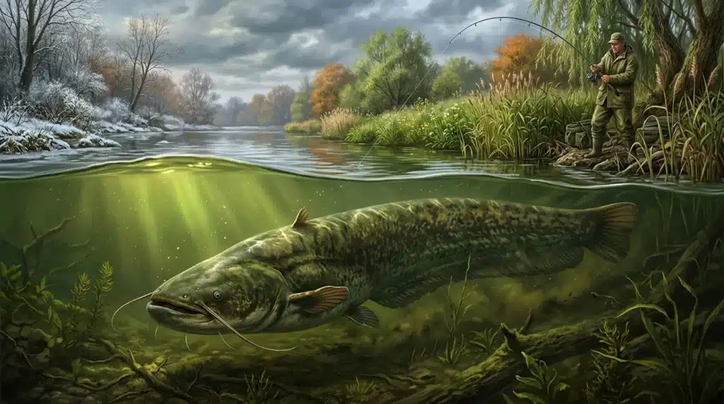 Pêcheur à la ligne face à un silure géant sous l'eau