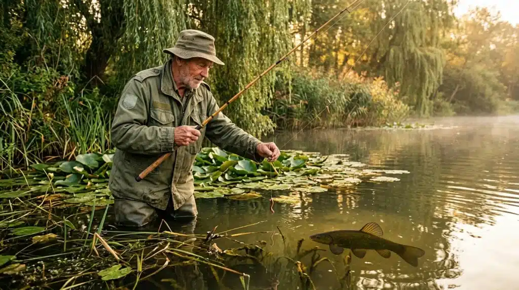 Homme pêchant à la mouche dans une rivière calme entourée de végétation