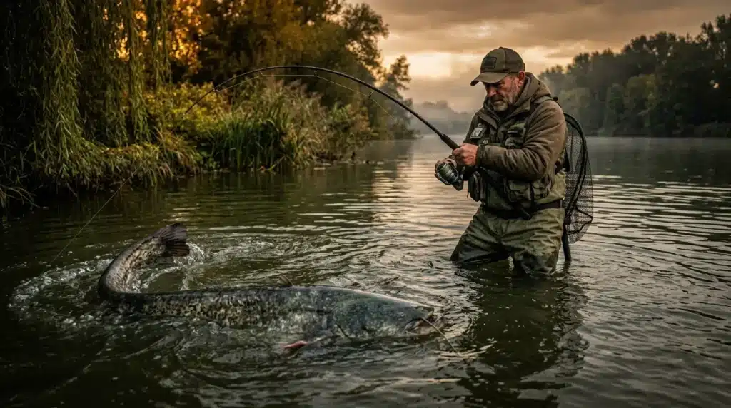 Pêcheur en waders capturant un gros poisson en rivière