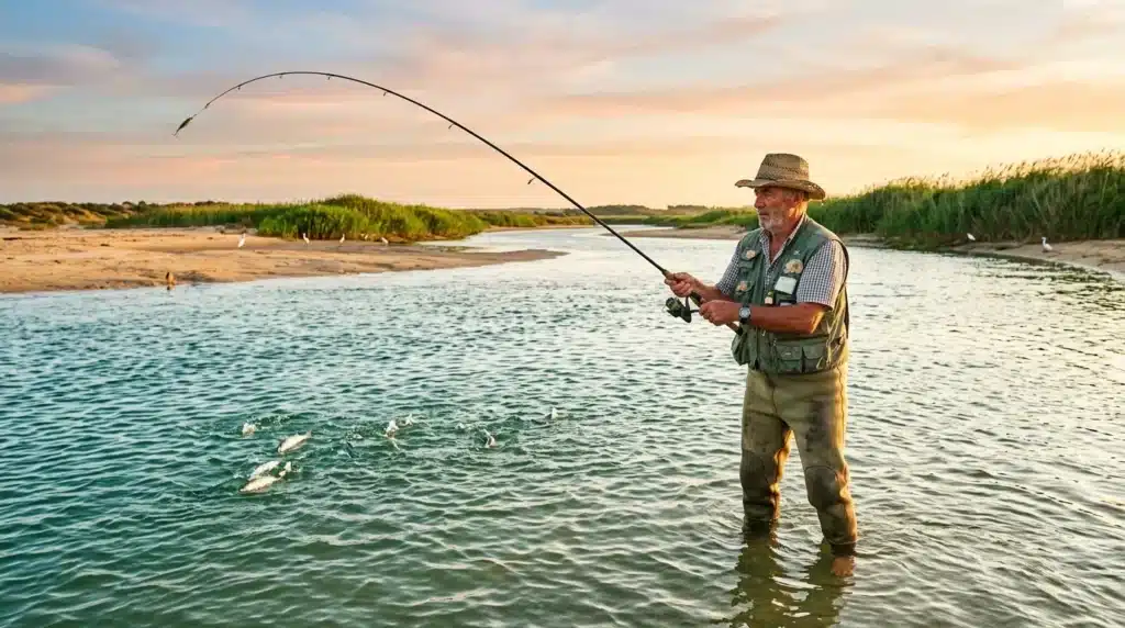 Pêcheur en waders pêchant à la mouche dans l'eau