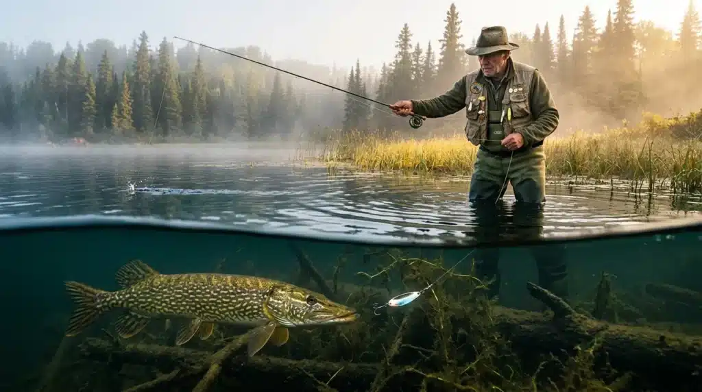 Pêcheur dans l'eau avec truite sous la surface du lac