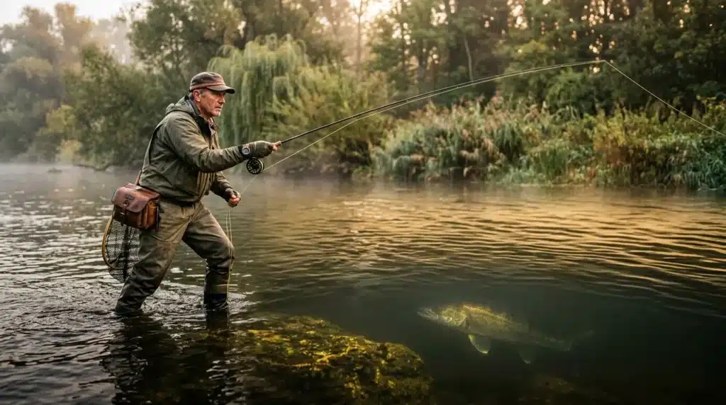 Pêcheur expérimenté lance sa ligne dans une rivière calme
