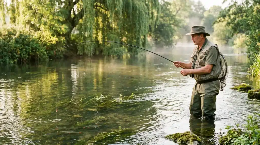 Pêcheur en waders pêchant à la mouche dans une rivière calme