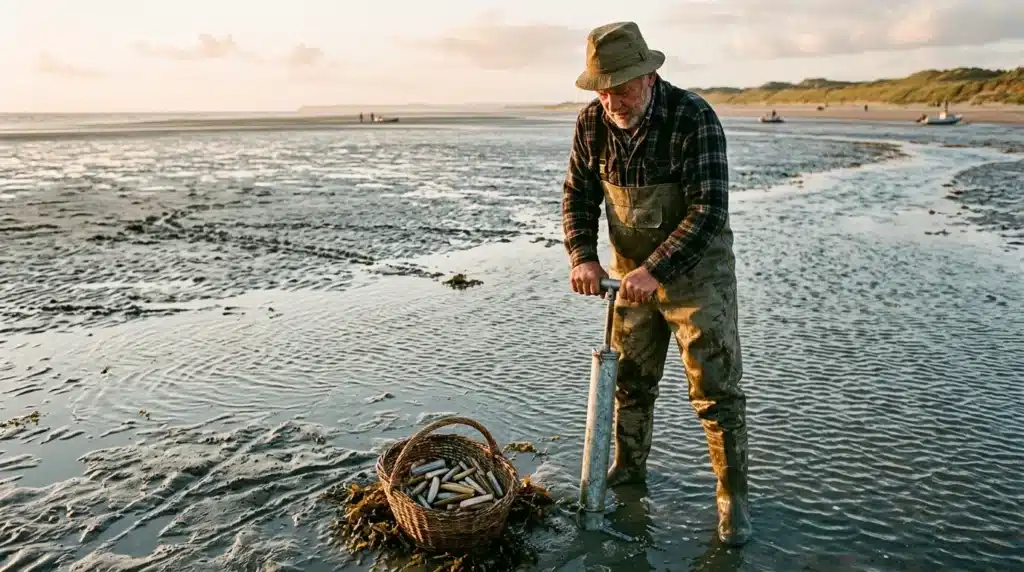 Homme âgé creusant dans le sable avec panier de coquillages