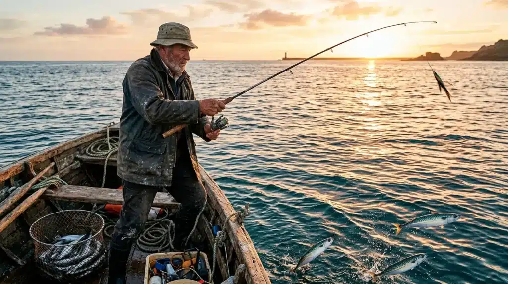 Homme pêchant en bateau avec poissons sautant hors de l'eau