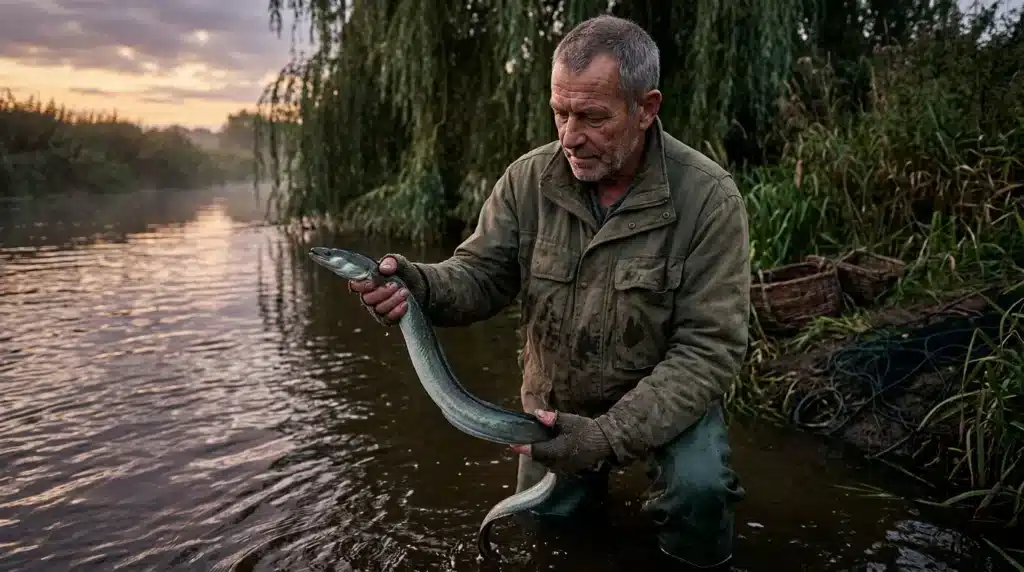 Homme pêcheur tenant un poisson dans l'eau au crépuscule